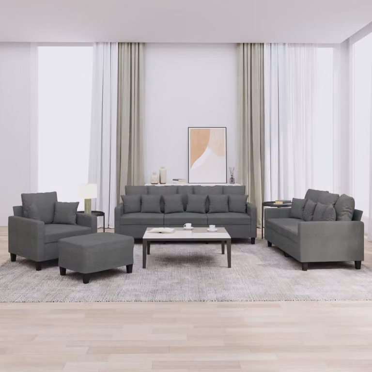Set di Divani 4 pz vidaXL in Tessuto Grigio con Cuscini e Ottoman per Soggiorno