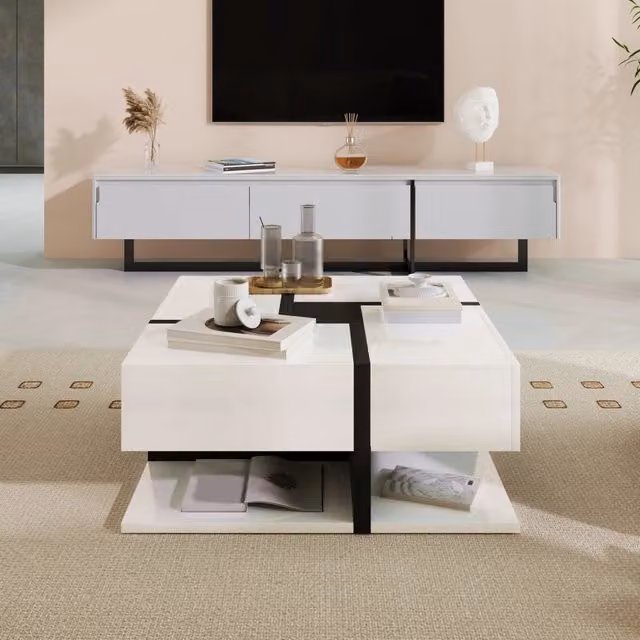 Tavolino da caffè quadrato WISHDOR con 4 cassetti e ripiano inferiore, finitura lucida a righe, bianco e nero, L/P/H: 78 x 78 x 36 cm