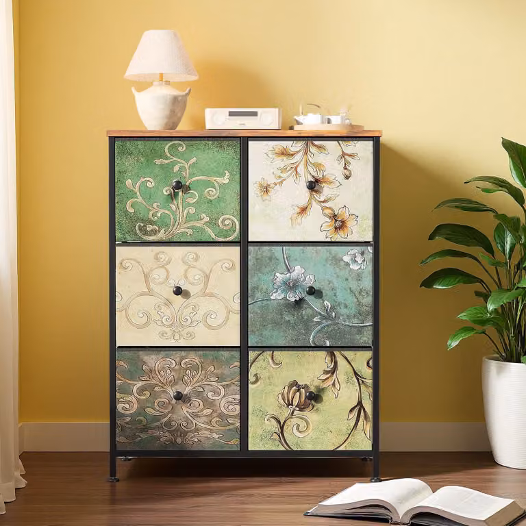 Comodino INONEFT con 6 cassetti, mobiletto portaoggetti retrò con piano in legno, cassetti in tessuto e struttura in metallo, adatto per camera da letto o soggiorno, dimensioni 30x67x86 cm