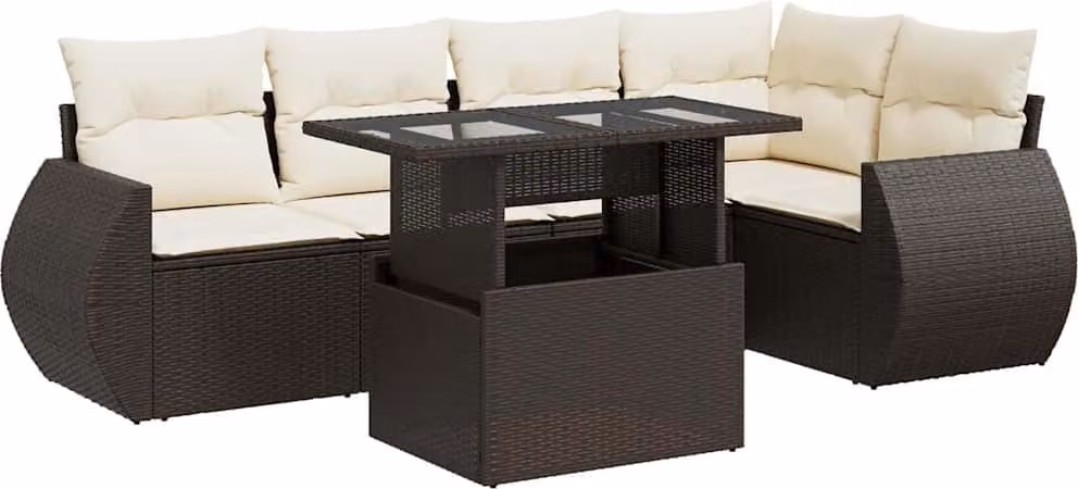 Set Divano da Giardino 6 pz con Cuscini Marrone in Polyrattan