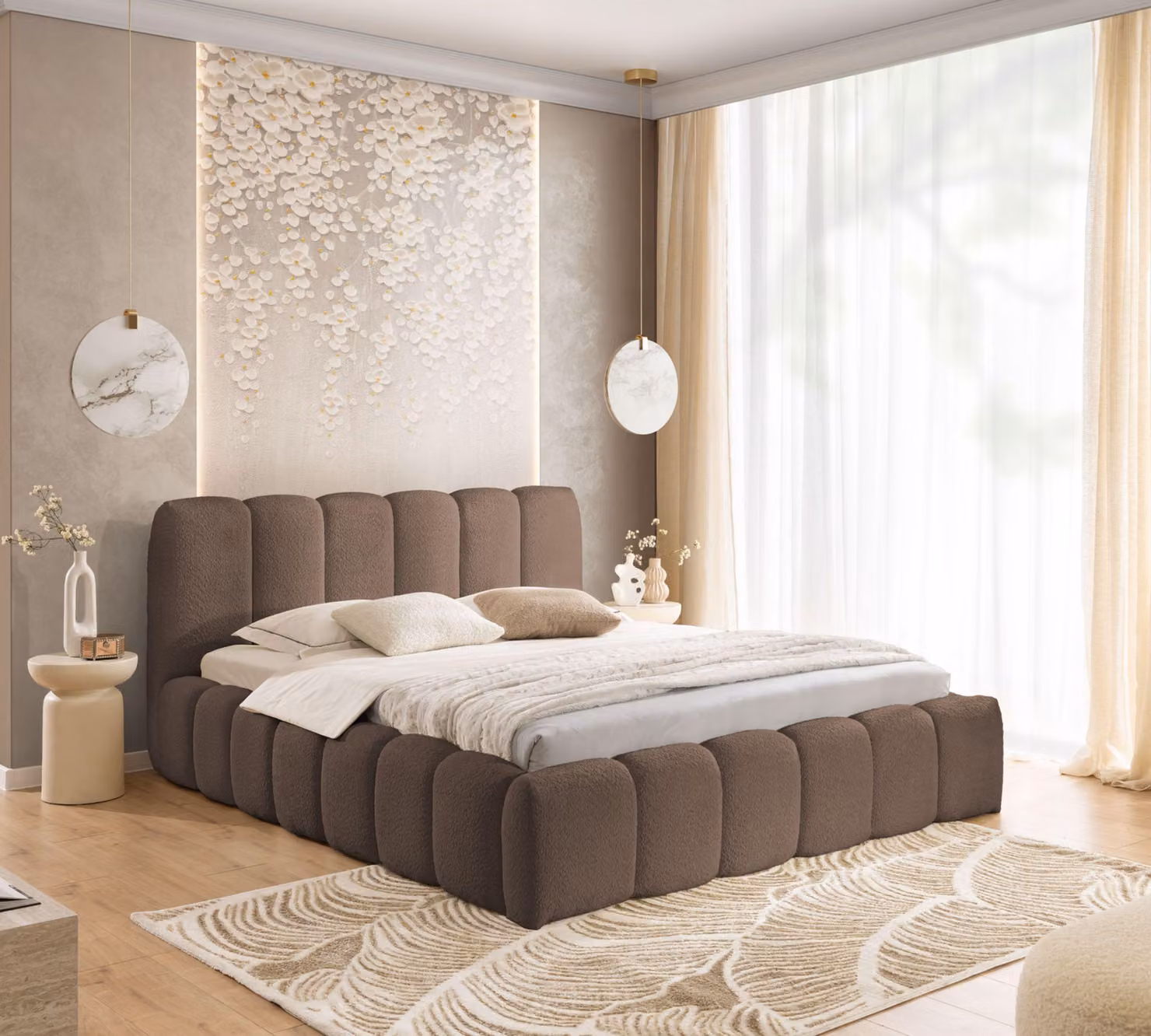 Letto imbottito MIA 160x200 - letto con rete, letto a bolle, letto matrimoniale con contenitore e rete a doghe, camera da letto - marrone
