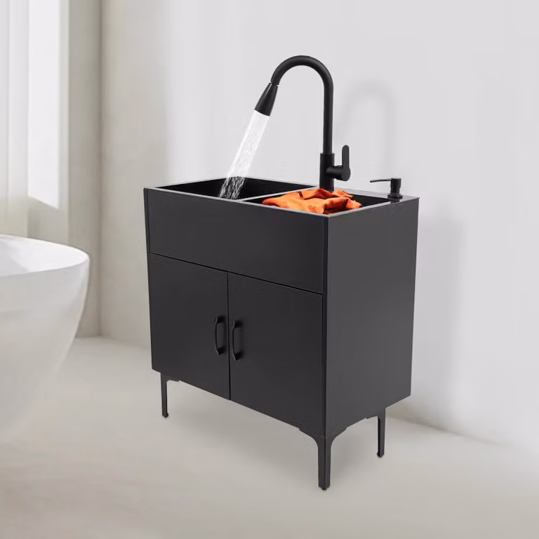 Lavello da cucina - Doppia vasca - Acciaio inox - Con rubinetto - 1 foro - Profondità 20 cm - Nero