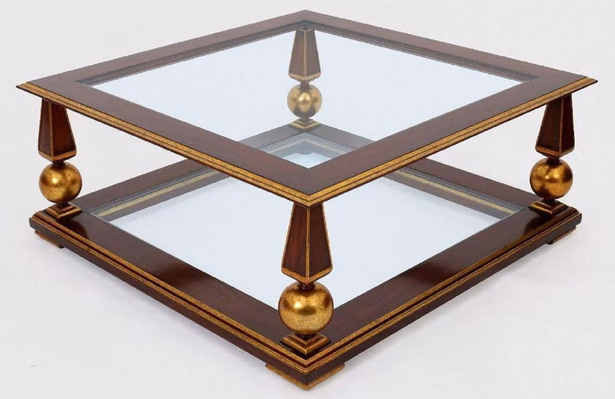 Casa Padrino tavolino barocco marrone scuro/oro antico 113 x 113 x h. 47 cm - Magnifico tavolo da salotto in legno massiccio con piano in vetro - Mobili da salotto barocchi
