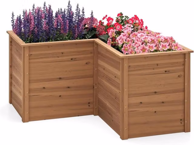 Letto rialzato da giardino in legno a forma di L con base aperta per orto e fiori Costway, Marrone, L/P/H: 120 x 120 x 63 cm – 1