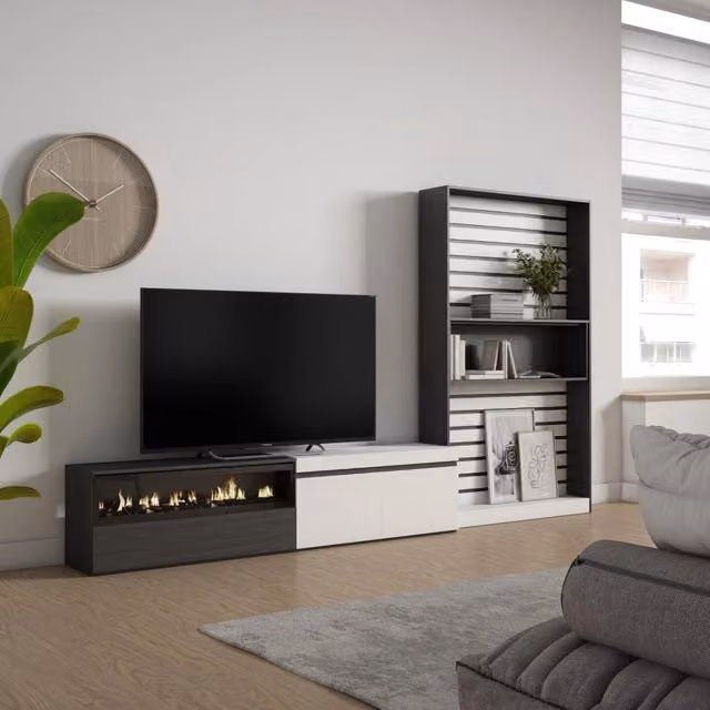 Mobile TV per soggiorno Skraut Home con camino elettrico, Bianco e nero, L: 310 cm, P: 35 cm, H: 186 cm