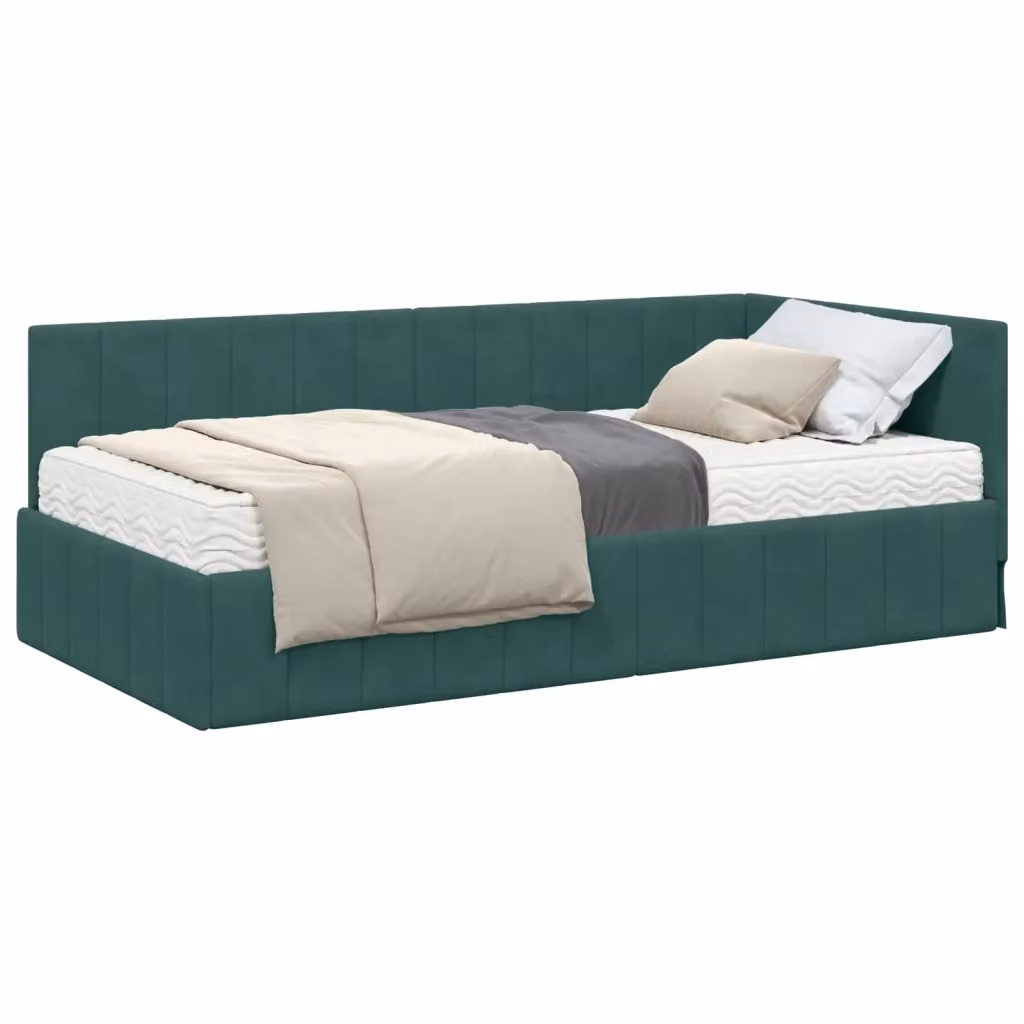 vidaXL Struttura Letto Angolare in Velluto Verde con 2 Materassi in Schiuma L/P/H: 140 x 90 x 204 cm – 2
