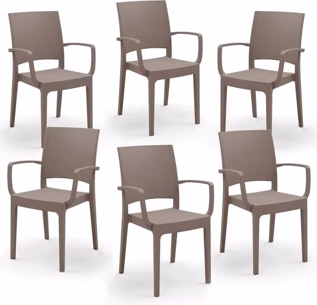 Set 6 sedie con braccioli in polipropilene FLORA, MADE IN ITALY, impilabile, resistente ai raggi UV, design moderno, ideale per interno ed esterno, colore Tortora