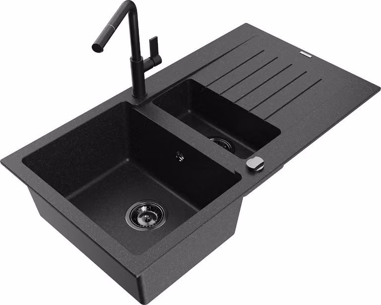 Mexen Matias lavello in granito 1,5 vasche con scolapiatti e miscelatore cucina Flora, nero/argento - 6502-73-670401-70-B