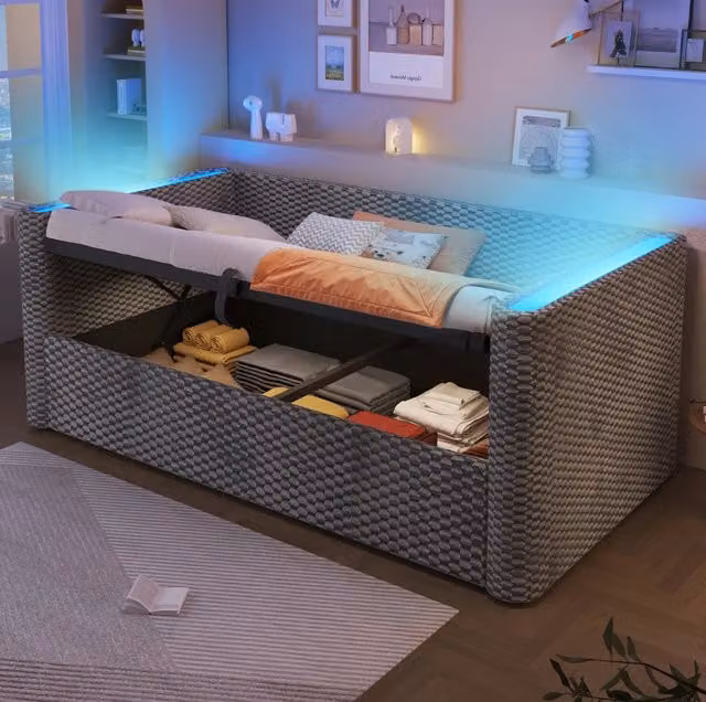 Letto da giorno ULEVR 90x200 cm con contenitore idraulico e LED multicolore, velluto grigio