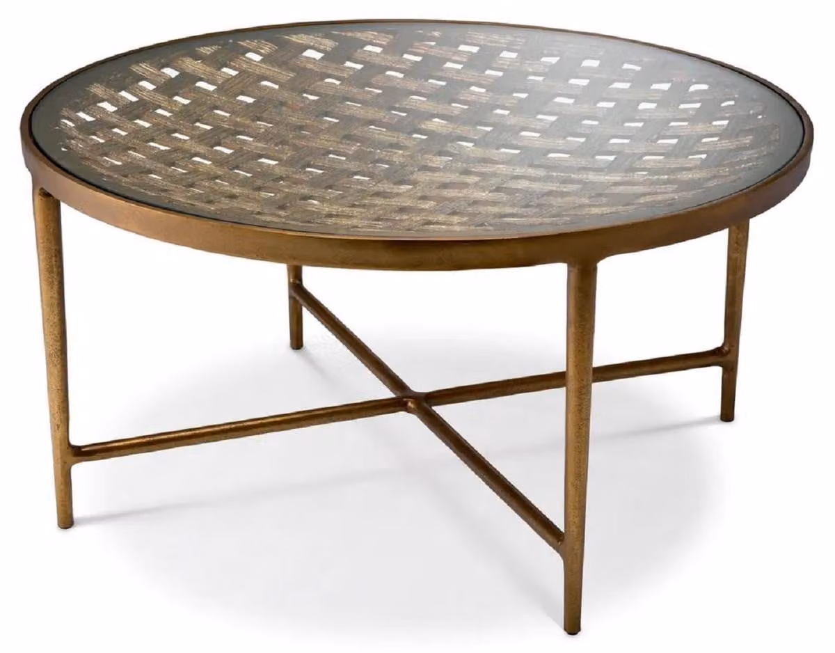 Casa Padrino Luxury Coffee Table Antique Brass Ø 90 x H. 44,5 cm - Tavolo da salotto rotondo in alluminio con piano in vetro - Mobili - Mobili Soggiorno - Arredamento