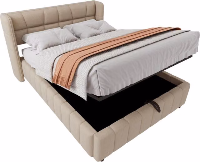Letto imbottito matrimoniale 140x200 cm con vano contenitore, rete a doghe, struttura in metallo, rivestimento in tessuto beige, per camera moderna