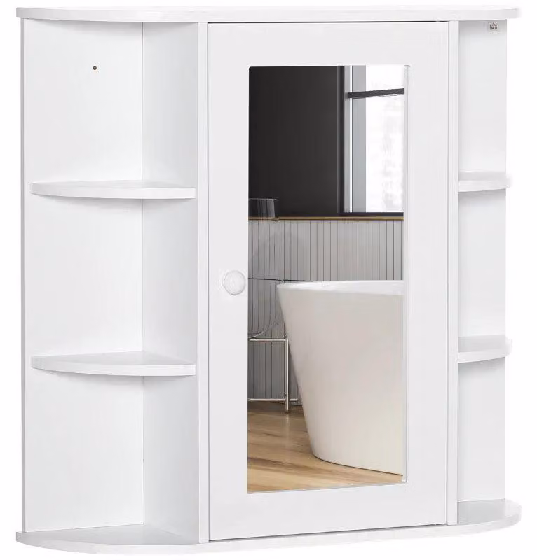 Mobiletto da bagno con specchio a porta e 8 scomparti | Colore: Bianco | Dimensioni: 66x17x63 cm