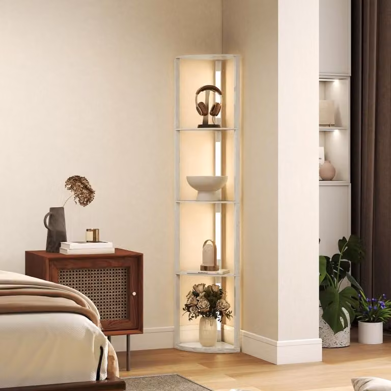 Lampada da terra LED Moonbite, utilizzabile anche come scaffale angolare, altezza 163,5 cm, con 3 livelli di intensità regolabili, luce bianco caldo 3000 K, 4 ripiani da 2 kg ciascuno, luce direzionabile a sinistra o a destra, interruttore a pedale, legno