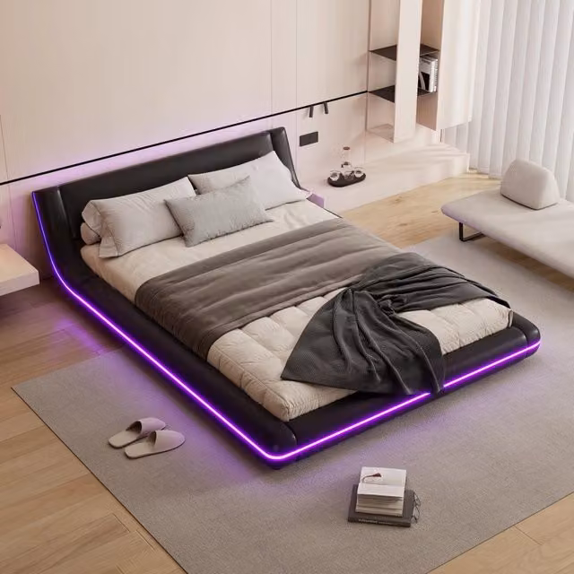 Letto basso matrimoniale 140×200 cm con illuminazione LED regolabile tramite app, senza materasso, nero in PU e MDF
