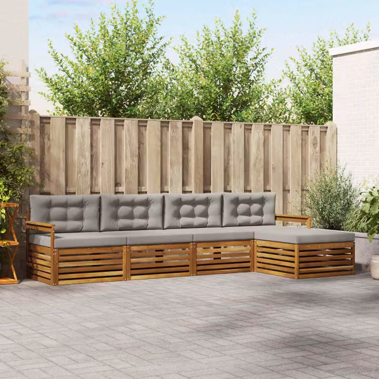 vidaXL Set di divani da esterno a L in legno di acacia con pouf e cuscini, Beige e Grigio