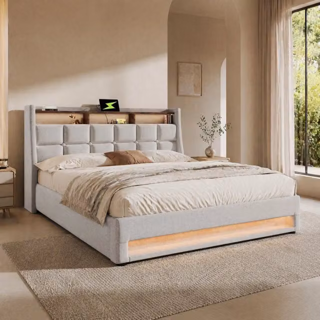 Letto matrimoniale imbottito 160 × 200 cm con vano contenitore USB LED in lino beige con rete a doghe