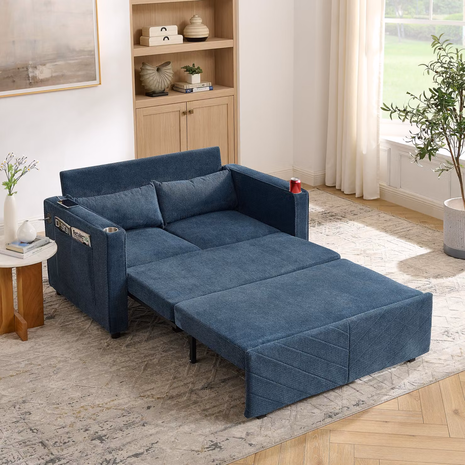 MODFU Divano letto 2 posti, sistema scorrevole, porta USB, imbottitura, funzione relax, ideale per piccoli appartamenti, colore blu scuro