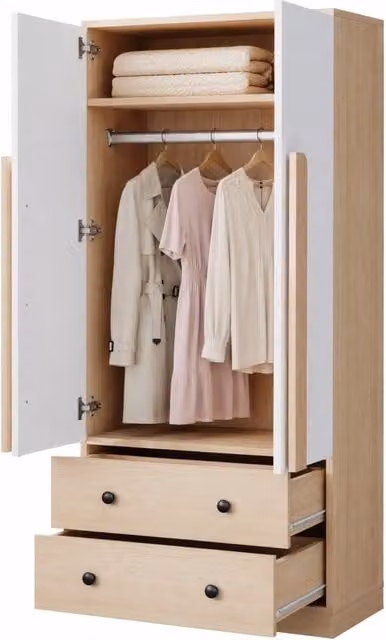 Armadio 70x40x170 cm a 2 ante con 2 cassetti e vano interno in legno; bianco e naturale