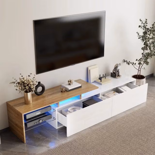 Mobile TV moderno Mivray con 2 vani, ripiani in vetro e illuminazione LED a 16 colori, finitura lucida in bianco e legno