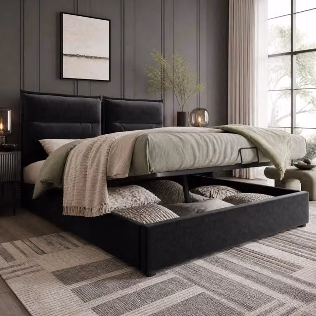 Letto matrimoniale contenitore moderno in velluto nero con testiera regolabile e materasso incluso L/P/H: 140 x 200 x 113 cm