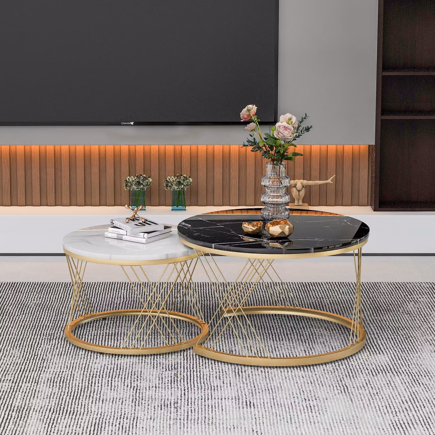 Set di due tavolini da caffè, forma rotonda, dimensioni 70x70x45 cm e 45x45x40 cm, realizzati in MDF con impiallacciatura effetto marmo, colore bianco e nero, design impilabile, struttura in metallo dorato