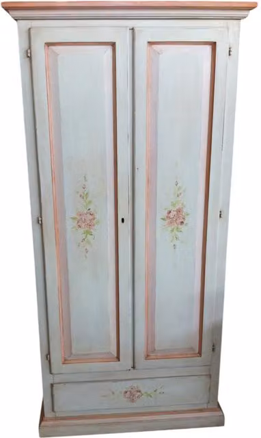 Armadio Shabby Chic a 2 Porte Mobili 2G in Legno Bianco Anticato con Dettagli Rosa e Decori Floreali L/P/H: 90 x 45 x 180 cm – 1