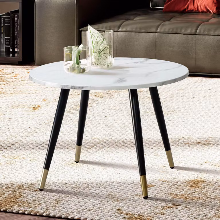 Tavolino FineBuy, 60x60x41 cm, aspetto marmo bianco, design moderno, tavolino da salotto con struttura in metallo, tavolino rotondo, tavolino ausiliario per il soggiorno