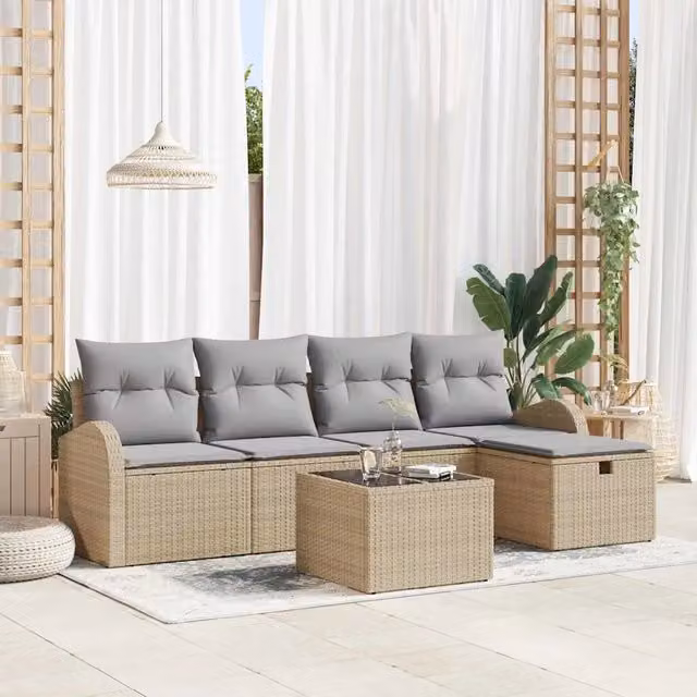 Set Divano da Giardino a L vidaXL in Polyrattan Beige con Cuscini e Tavolino da Esterno