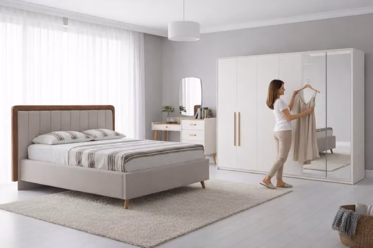 Set moderno per camera da letto in bianco, composto da: letto armadio e comodino