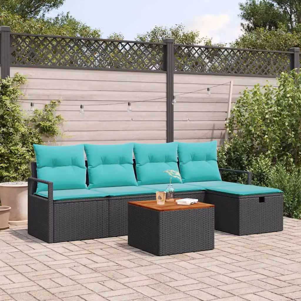 Set Divano da Giardino a L vidaXL da 6 pezzi con Tavolino e Pouf, Colore Nero e Turchese con Cuscini e Struttura in Acciaio e Legno di Acacia