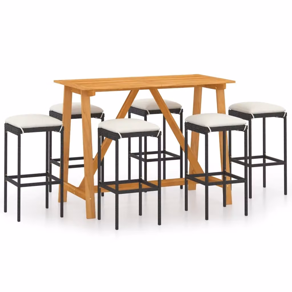 Set da Bar da Giardino vidaXL in Legno di Acacia e Polyrattan con Cuscini, 7 Pezzi, Nero/Beige/Marrone – 2