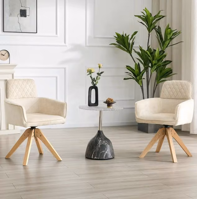 Set 2 sedie da pranzo girevoli 360° in tessuto bianco crema con gambe in legno massello HAVRYA