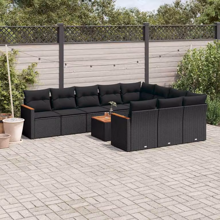 vidaXL Set Divani da Giardino 11 pz a Forma di L con Cuscini e Tavolino Nero