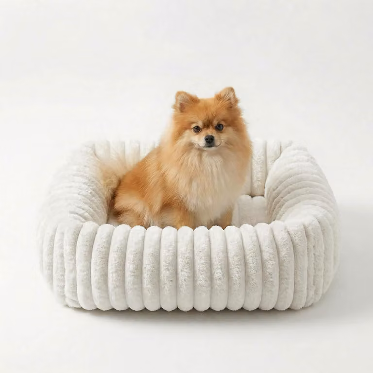 Cuccia per cani, dimensioni M, 63x53x18 cm. Lavabile, rivestita in ecopelliccia, colore bianco crema