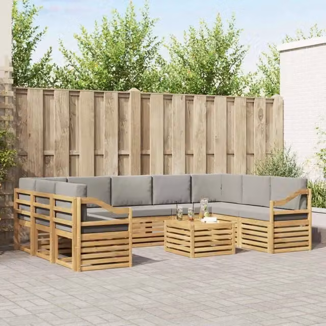 Set di divani da esterno vidaXL a forma di L con tavolino da caffè, 10 pezzi, Bianco e Grigio, in legno di acacia con cuscini inclusi