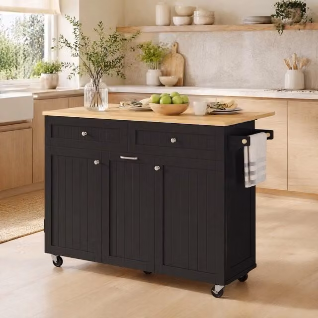 Isola cucina mobile con ruote, piano estraibile e cassetti multifunzione, ideale per cucina e sala da pranzo, colore nero