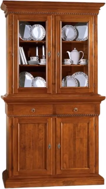 Cristalliera in legno noce stile arte povera con ante in vetro e cassetti Mobili 2G L/P/H: 135 x 50 x 228 cm – 1