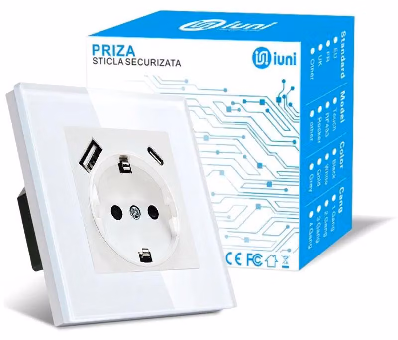 Presa telaio vetro temperato, porte USB-A e USB-C, iUni UC1, 16A