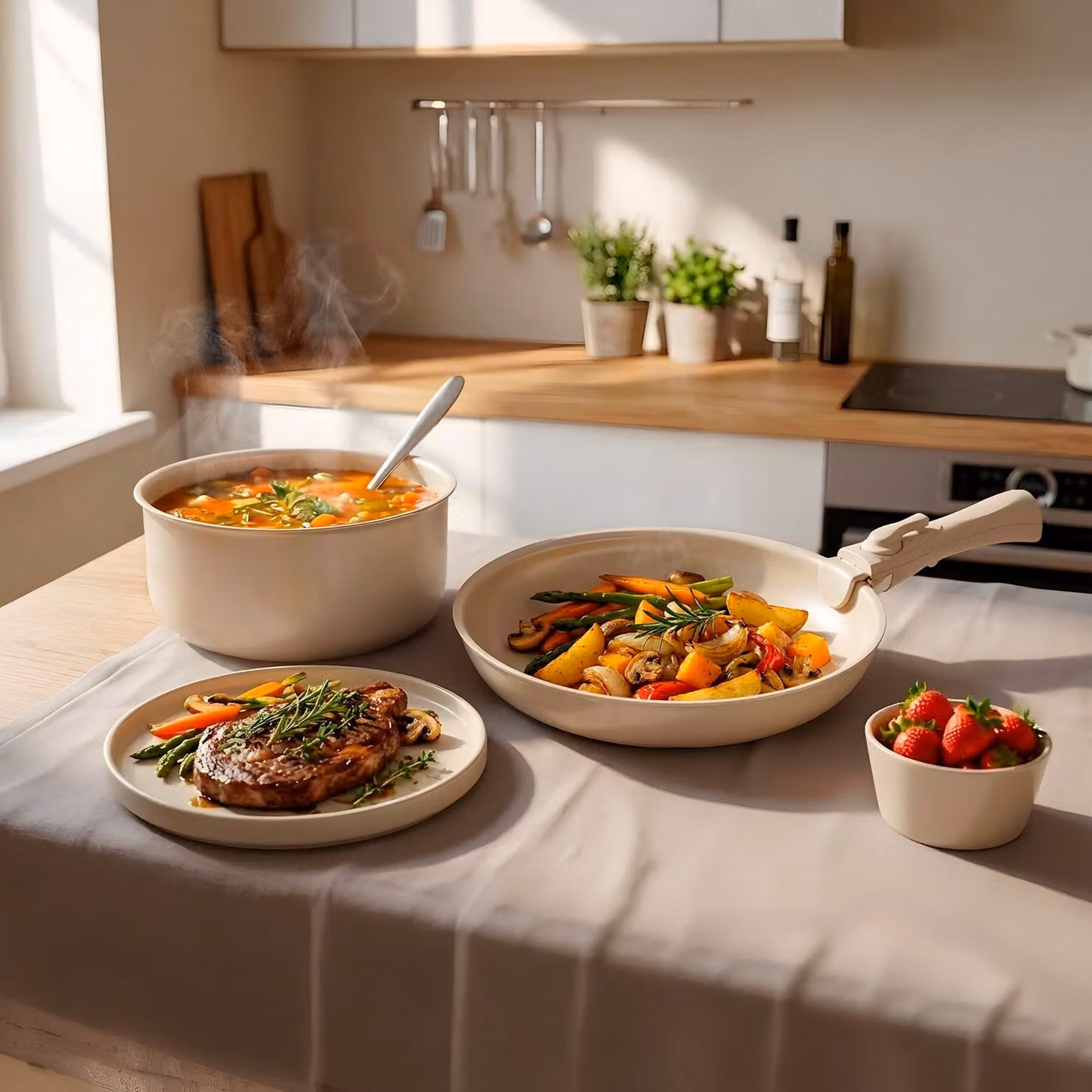 Set iniziale da cucina tectake da 40 pezzi con stoviglie e pentole, beige e bianco – 1