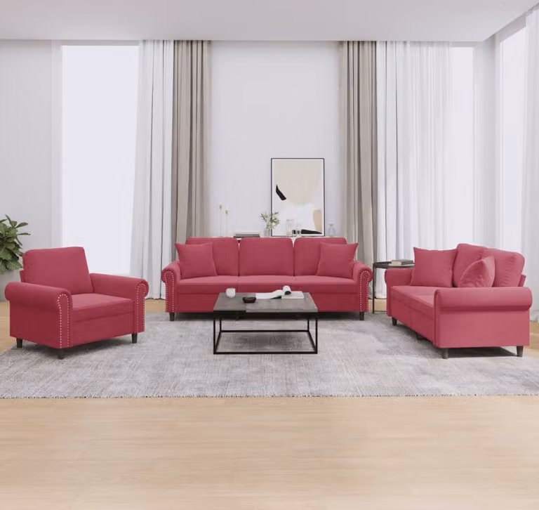 Maison Exclusive - Set divano a 3 pezzi con cuscini in velluto bordeaux