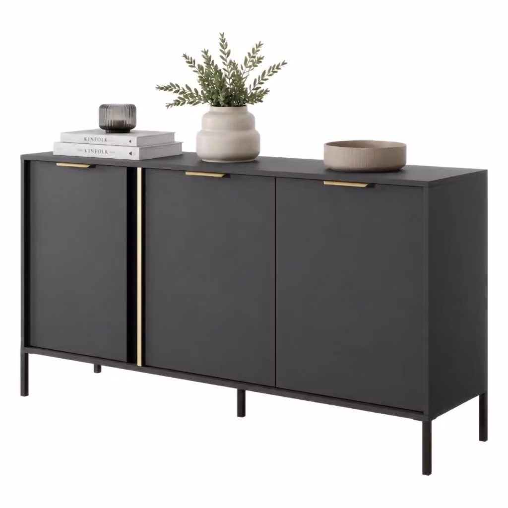Madia Hamagami DMORA con 3 ripiani, colore nero e oro, L 153 cm x P 40 cm x H 81 cm – 2