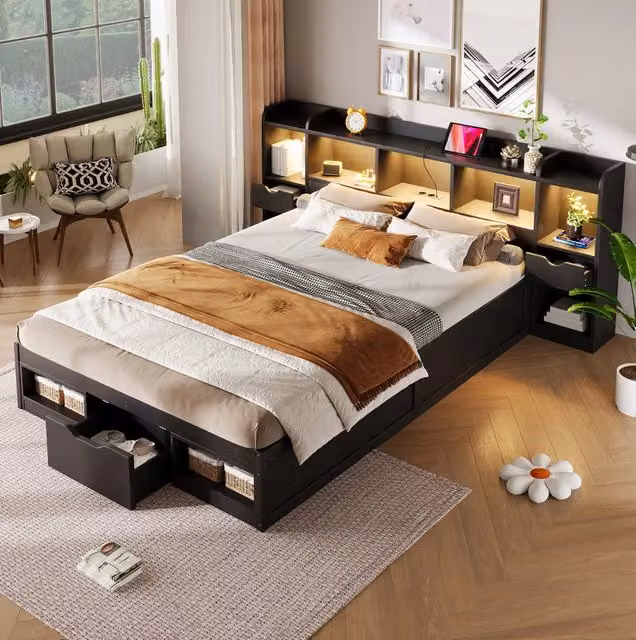 Letto a piattaforma nero 140x200 cm con testiera e pediera contenitore, 3 cassetti, LED e porta USB