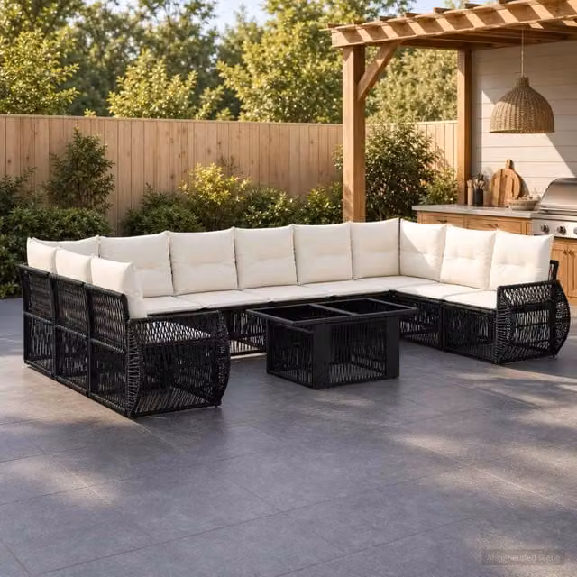 Set Divano da Giardino 11 pz Nero e Bianco Crema polyrattan 3436993
