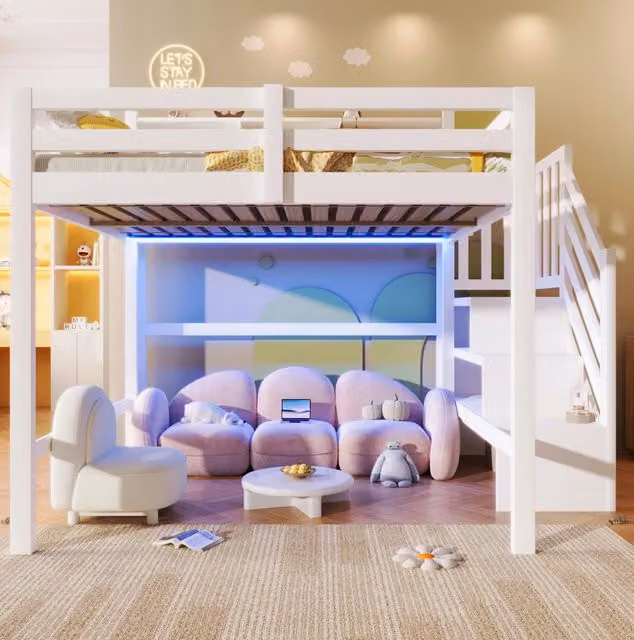 Letto a soppalco ULEVR 140x200 cm con LED, scala con contenitore e vani aperti, bianco