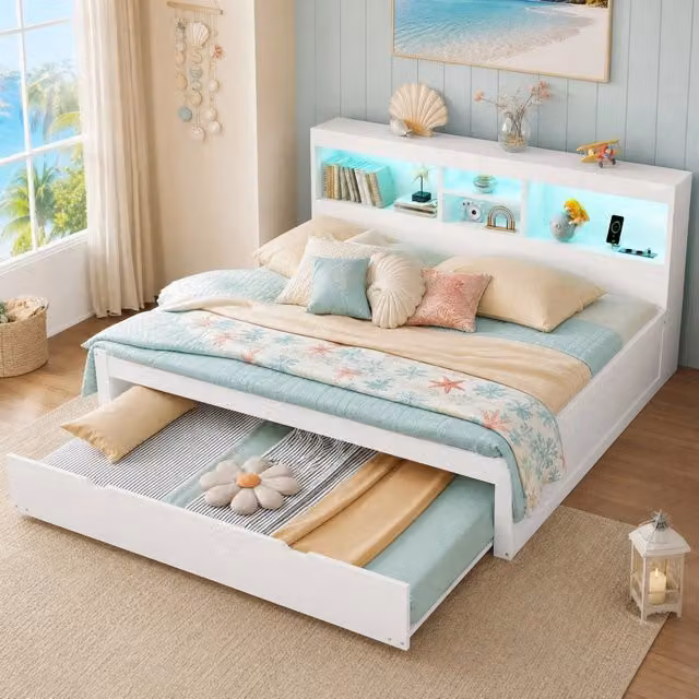 Letto estraibile REDOM bianco con illuminazione LED, porta USB e vano laterale L/P/H: 204.5 x 140 x 90 cm