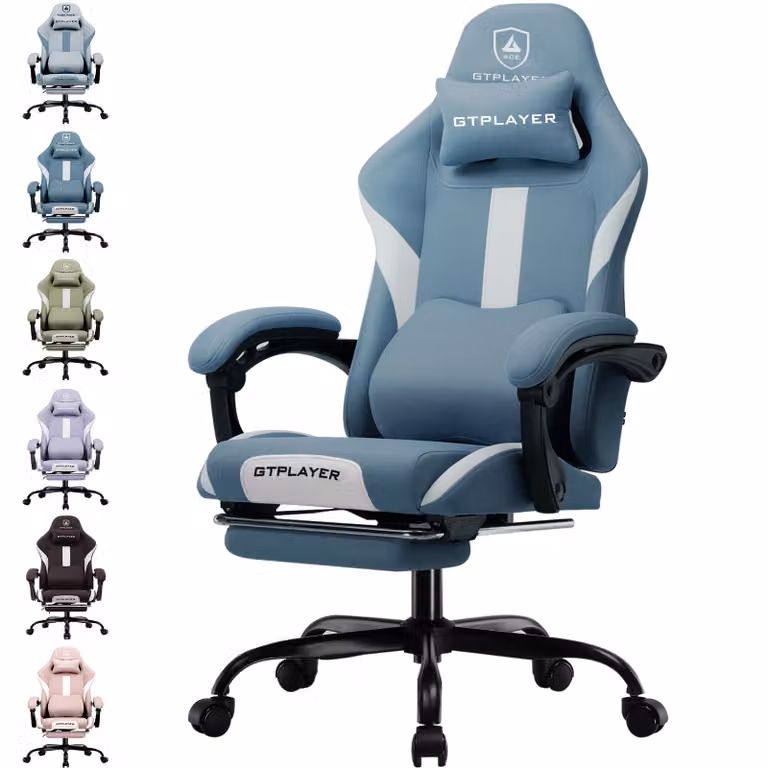 GTPLAYER Sedia da gioco Poltrona da gioco ergonomica Sedia da scrivania con superficie in tessuto Sedia da ufficio traspirante Cuscino a molla con poggiapiedi Blu