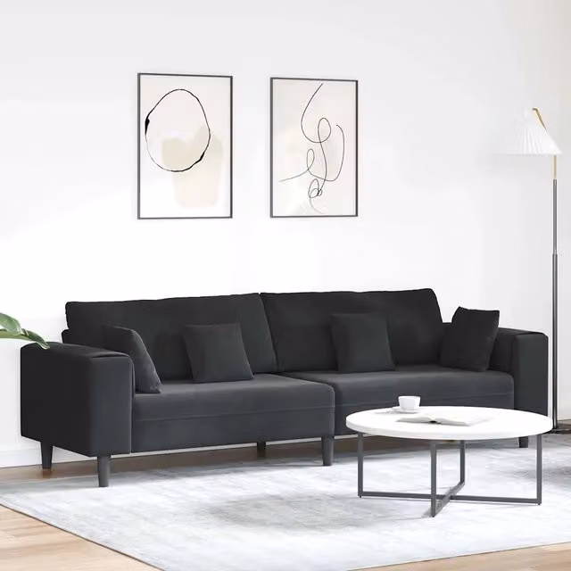 Divano moderno in velluto nero vidaXL con cuscini, L: 250 cm, P: 77 cm, H: 76 cm