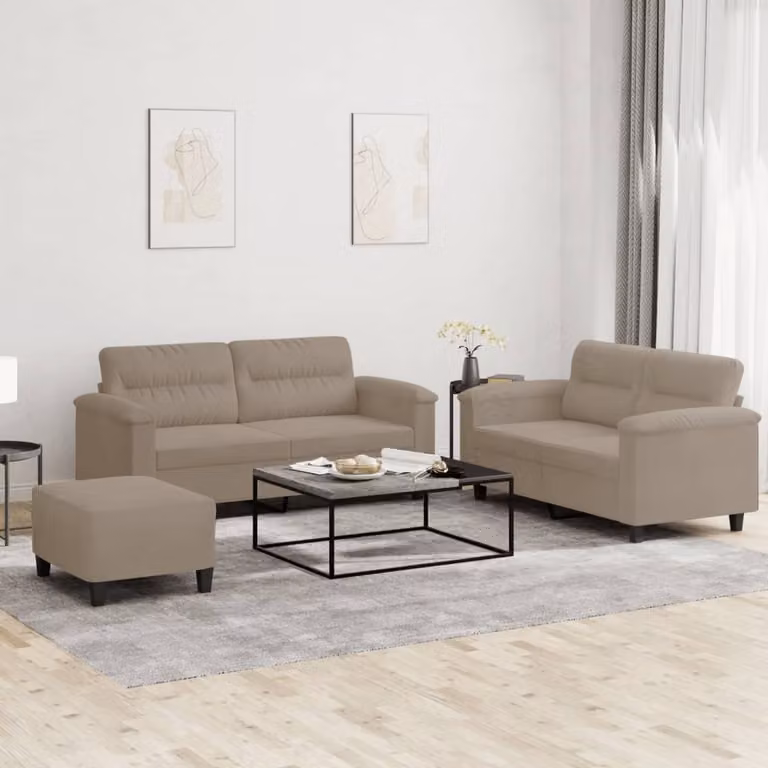 Set di Divani 3 Pezzi vidaXL in Microfibra con Cuscini, Colore Beige o Grigio