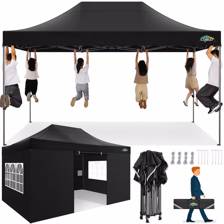 Gazebo da esterno 3x4,5 metri, impermeabile, con protezione UV, 4 pannelli laterali neri, regolabile in altezza, robusto