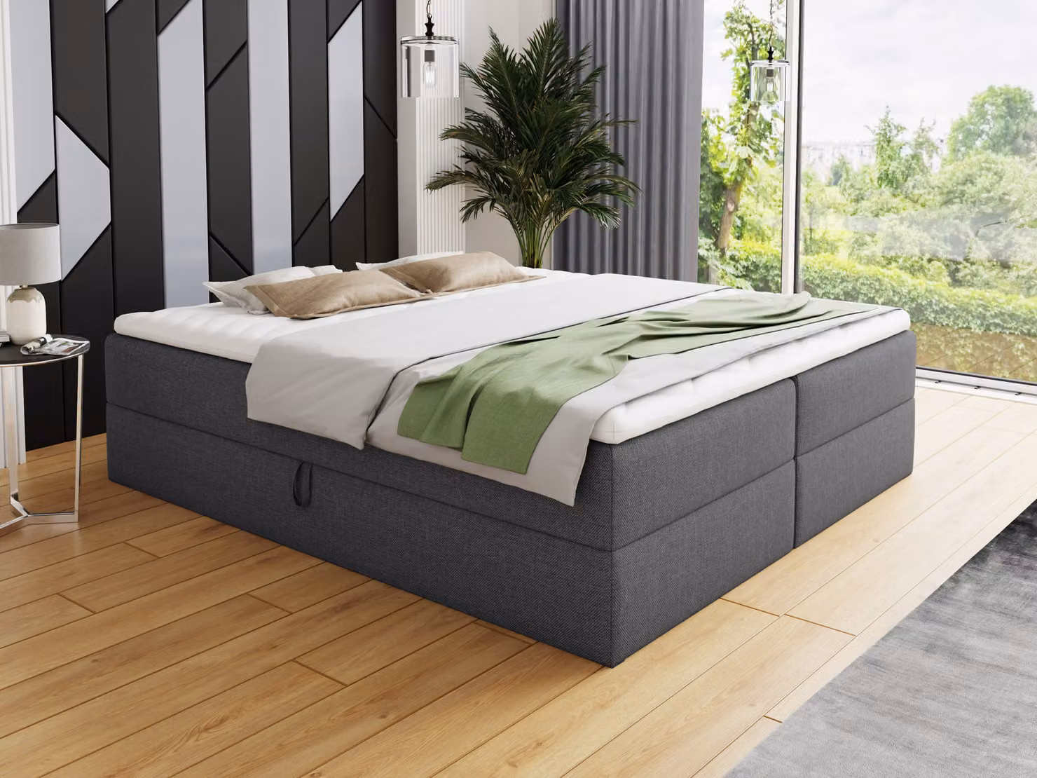 Letto boxspring Base con 2 cassetti - Letto matrimoniale con materasso Bonell e topper, letto imbottito, letto indipendente (grigio scuro (Inari 94), 180 x 200 cm)